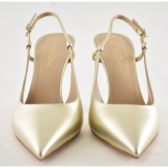 Dior Tribales Jadior Pale Gold Laminated Leather Slingback Sandal Heel Pump 37.5 - Picture 7 of 16